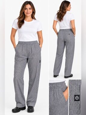 Chef Works Black & White Gingham Check Chef Pants Size S Drawstring